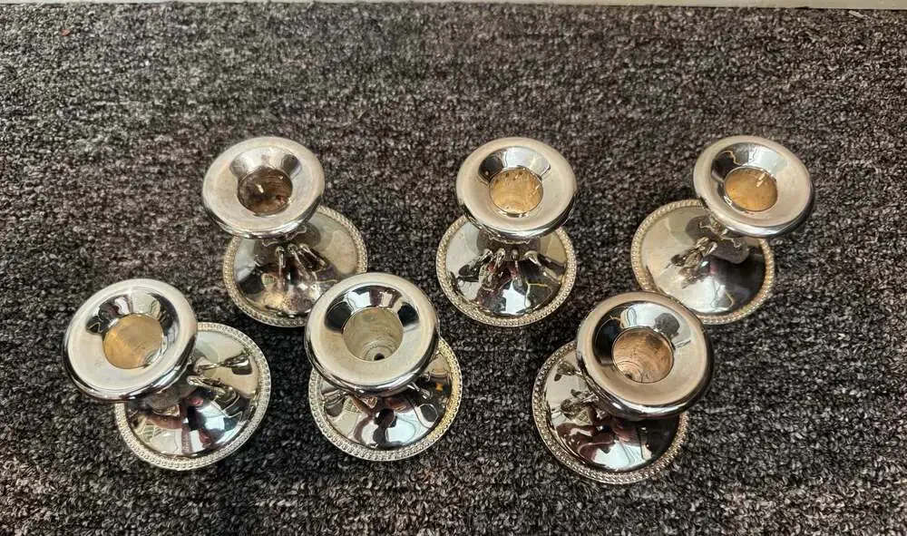Set of 6 Vintage Silver-Plated Candlestick Holders with Beaded Trim